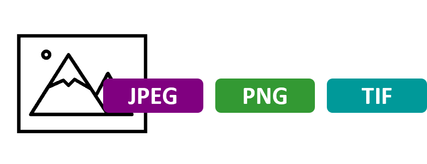 Black and white line drawing of a picture frame containing a mountain and sun. Below the drawing are three rectangular buttons in purple, green, and blue, labeled 'JPEG', 'PNG', and 'TIF' respectively, indicating different file formats.