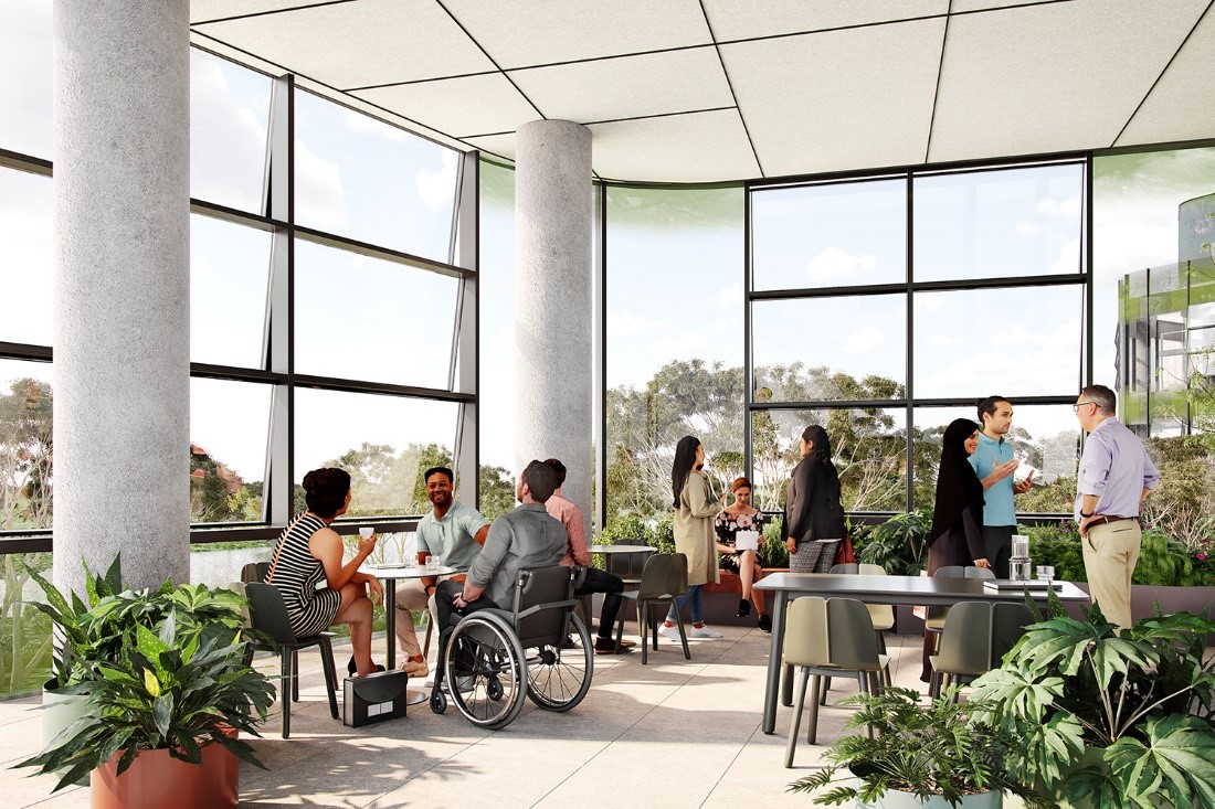 An artist's impression of the Wintergarden at Wyndham Law Courts. Many people of several demographics sit and stand in a light-filled courtyard with many green plants filling the space. 