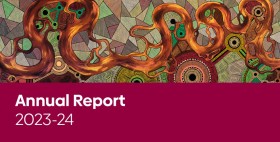 Decorative imagery sits above text which reads, Annual Report 2023–24.