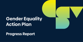 Court Services Victoria's logo on a blue background with text reading, Gender Equality Action Plan.