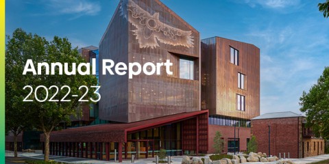 An exterior photo of the Bendigo Law Courts. Text reads, Annual Report 2022–23.