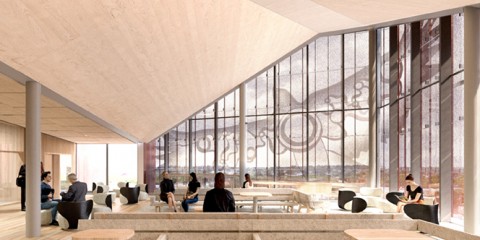 Artist impression of level 4 waiting area showing Bunjil artwork Artist impression of level 4 waiting area showing Bunjil artwork