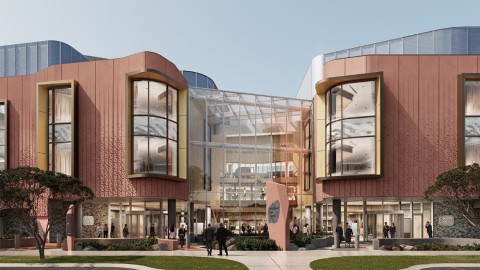 A large building with many glass windows and a glass roof. Artist's render of the Wyndham Law Courts